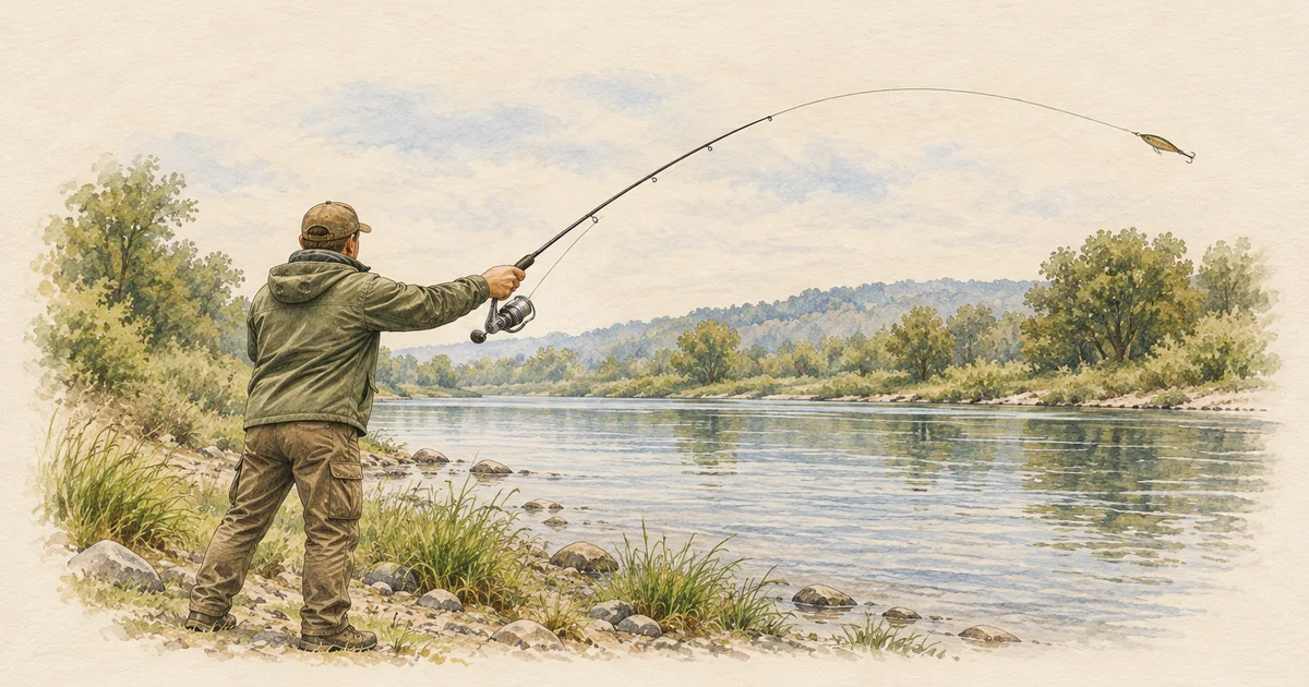 Angler von hinten beim Wurf mit einer Spinnrute am Fluss