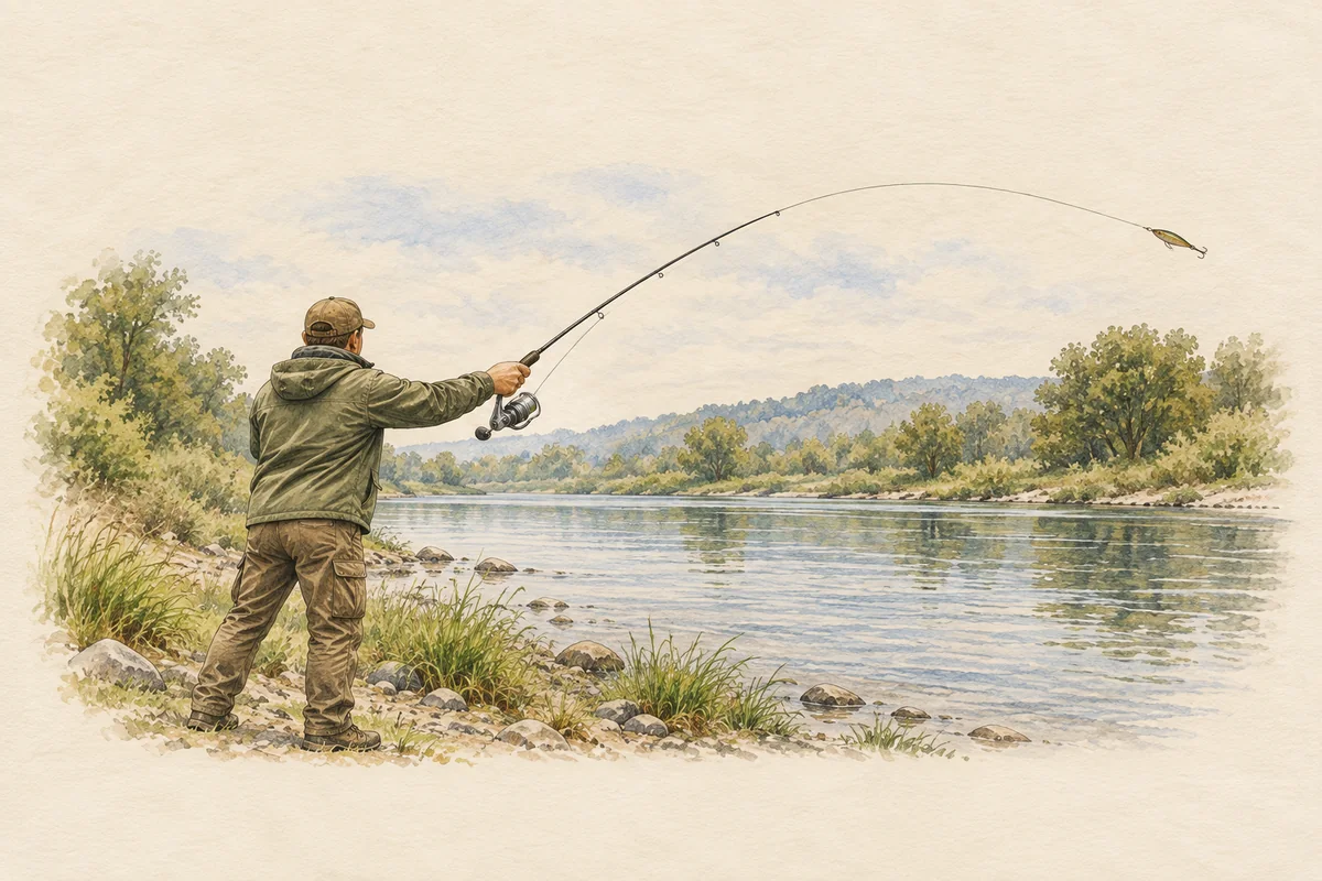 Angler von hinten beim Wurf mit einer Spinnrute am Fluss