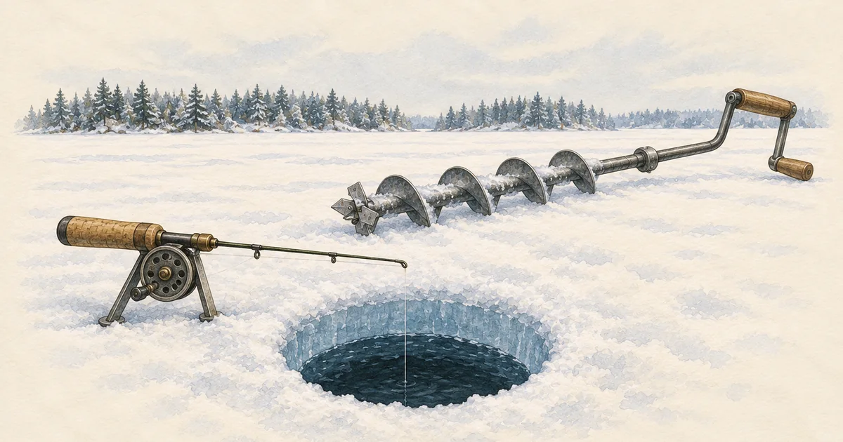 Eisloch auf einem zugefrorenen See mit kurzer Eisrute und Eisbohrer
