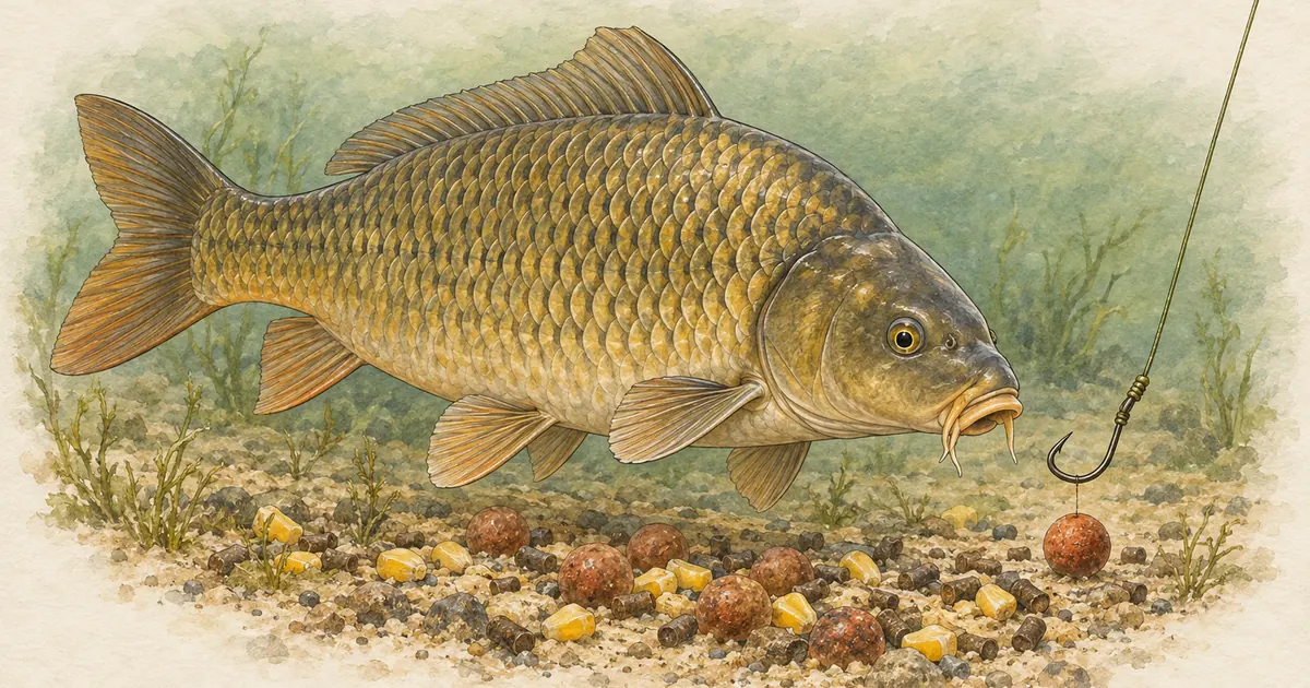 Schuppenkarpfen über einem Futterplatz mit Boilies und einer Haarmontage