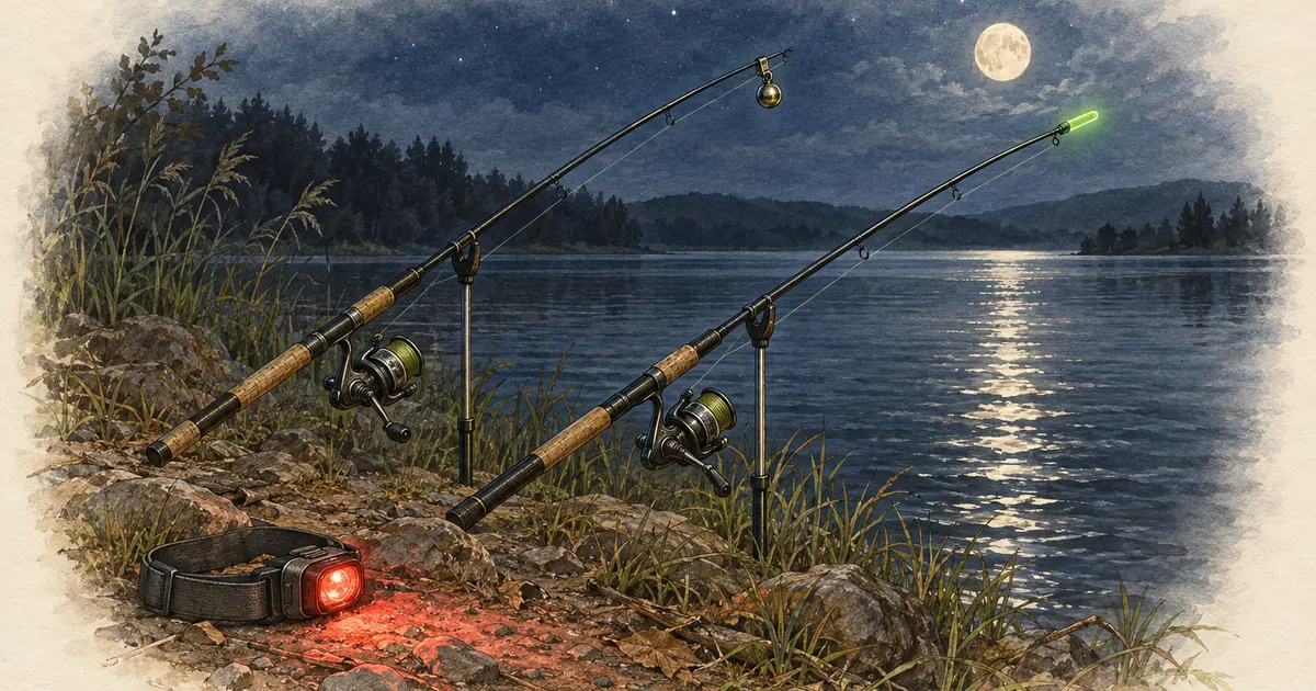 Zwei Ruten bei Nacht am See, eine mit grünem Knicklicht, eine mit Glöckchen