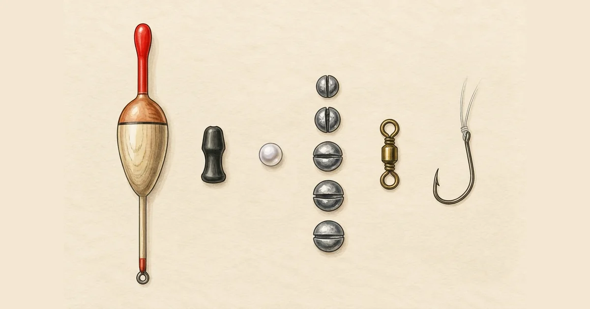 Bauteile einer Posenmontage: Laufpose, Stopper, Perle, Schrotbleie, Wirbel und Haken