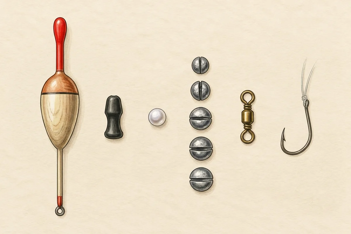 Bauteile einer Posenmontage: Laufpose, Stopper, Perle, Schrotbleie, Wirbel und Haken