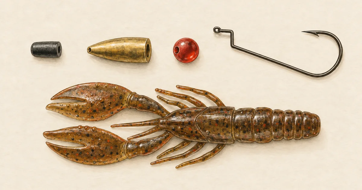 Bauteile eines Texas-Rigs: Stopper, Patronenblei, Perle, Offsethaken und Gummikrebs