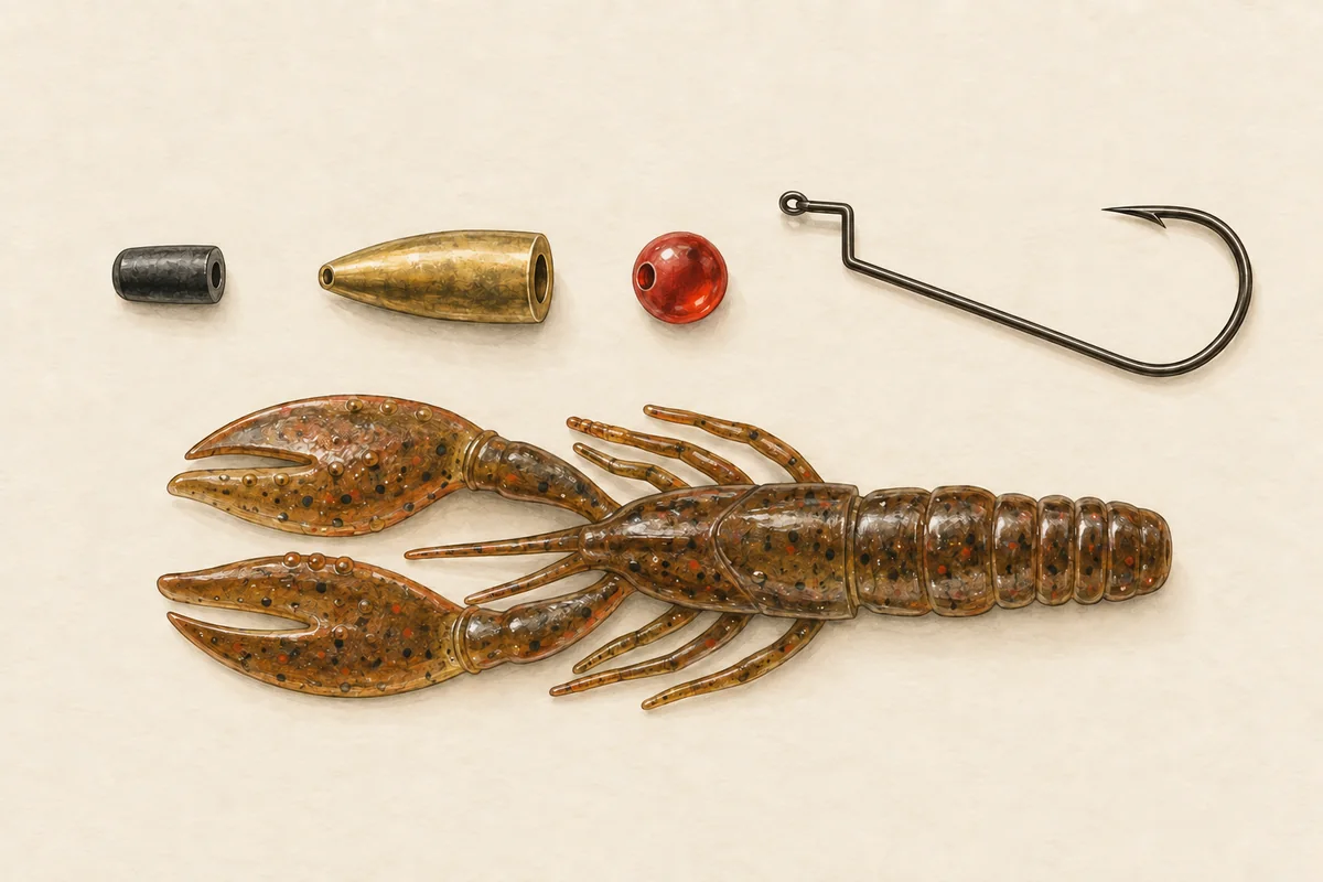 Bauteile eines Texas-Rigs: Stopper, Patronenblei, Perle, Offsethaken und Gummikrebs