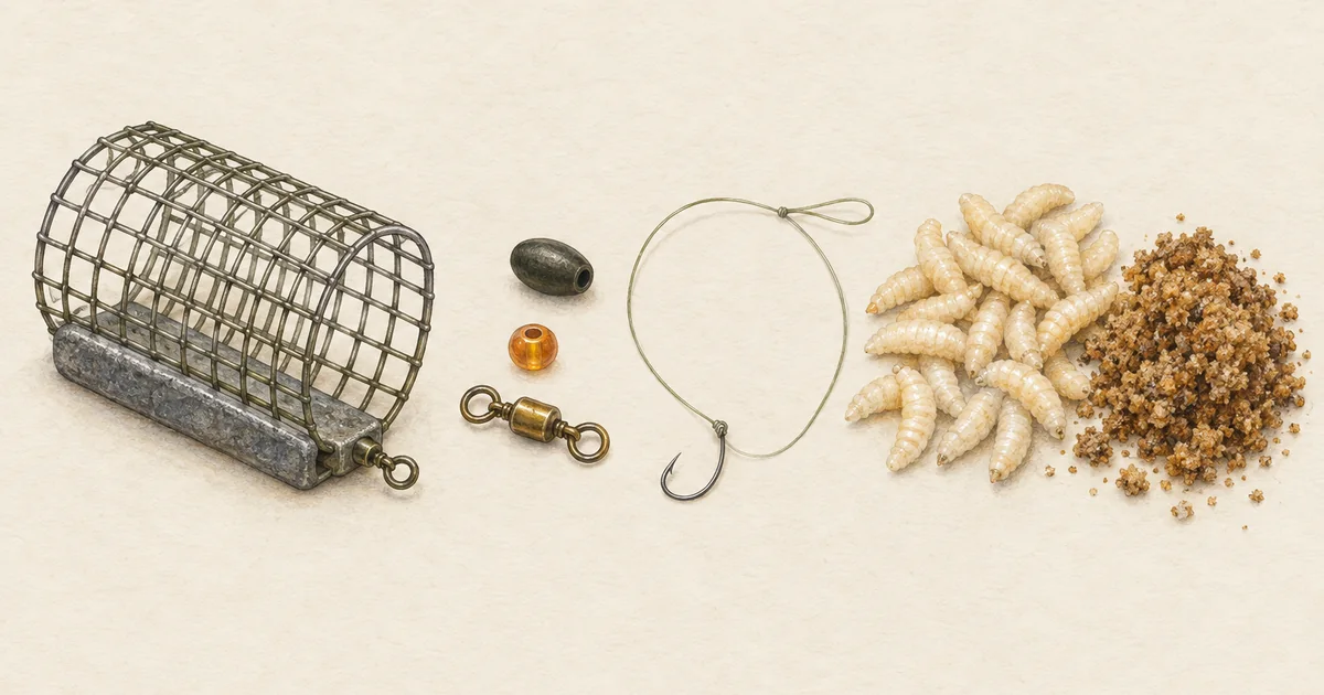 Futterkorb, Stopper, Perle, Wirbel, Vorfach mit Haken, Maden und Grundfutter