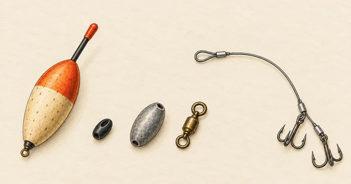 Hechtpose, Stopper, Laufblei, Wirbel und Stahlvorfach mit zwei Drillingen
