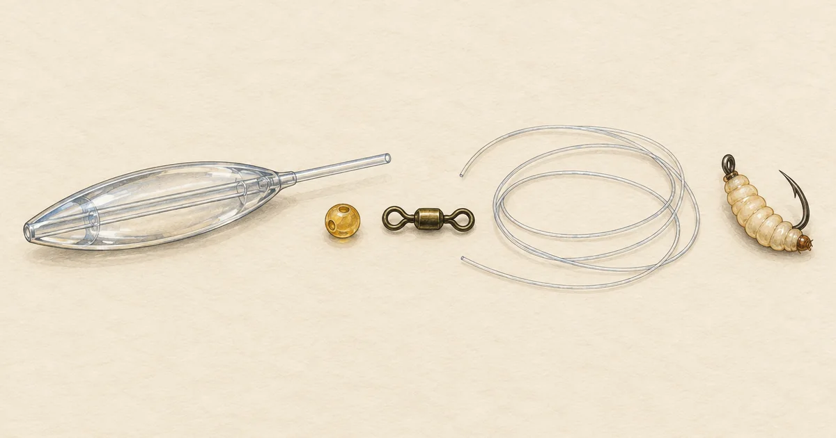 Sbirolino, Perle, Wirbel, Vorfachschnur und Haken mit Bienenmade