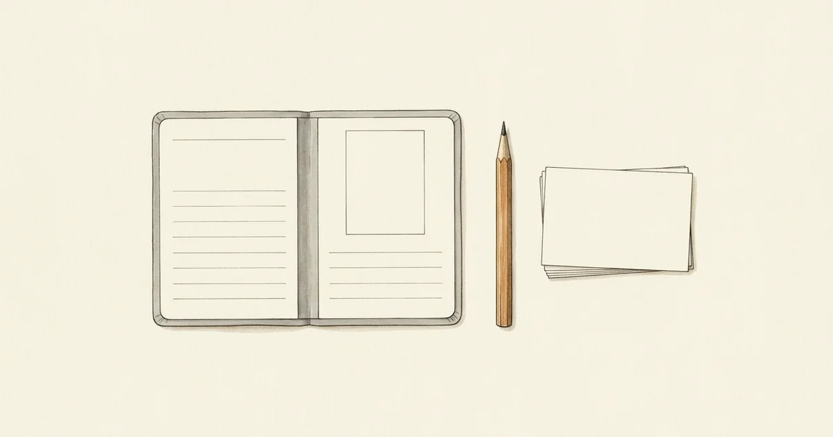 Aufgeklapptes, leeres Ausweisheft mit Bleistift und Karteikarten