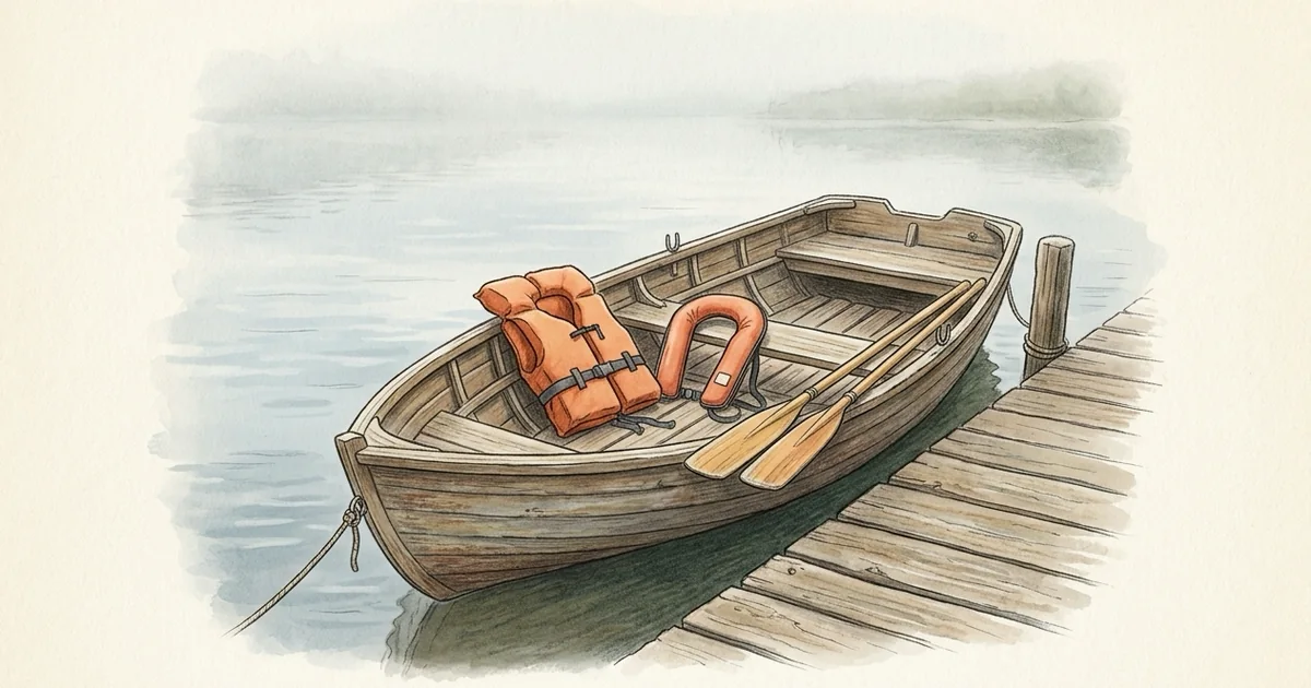 Ruderboot am Steg mit Feststoffweste, automatischer Rettungsweste und Rudern