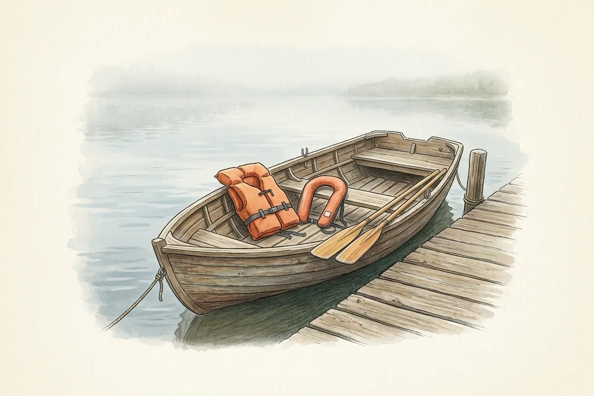 Ruderboot am Steg mit Feststoffweste, automatischer Rettungsweste und Rudern