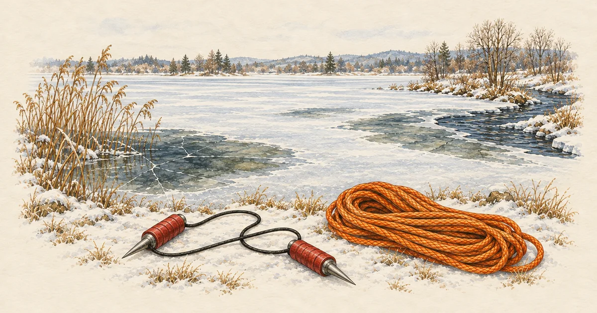 Zugefrorener See mit dünnen Stellen am Schilf, Eisdorne und Rettungsseil am Ufer