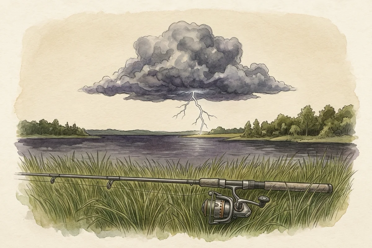 Gewitterwolke mit Blitz über einem See, eine Angelrute liegt flach im Gras