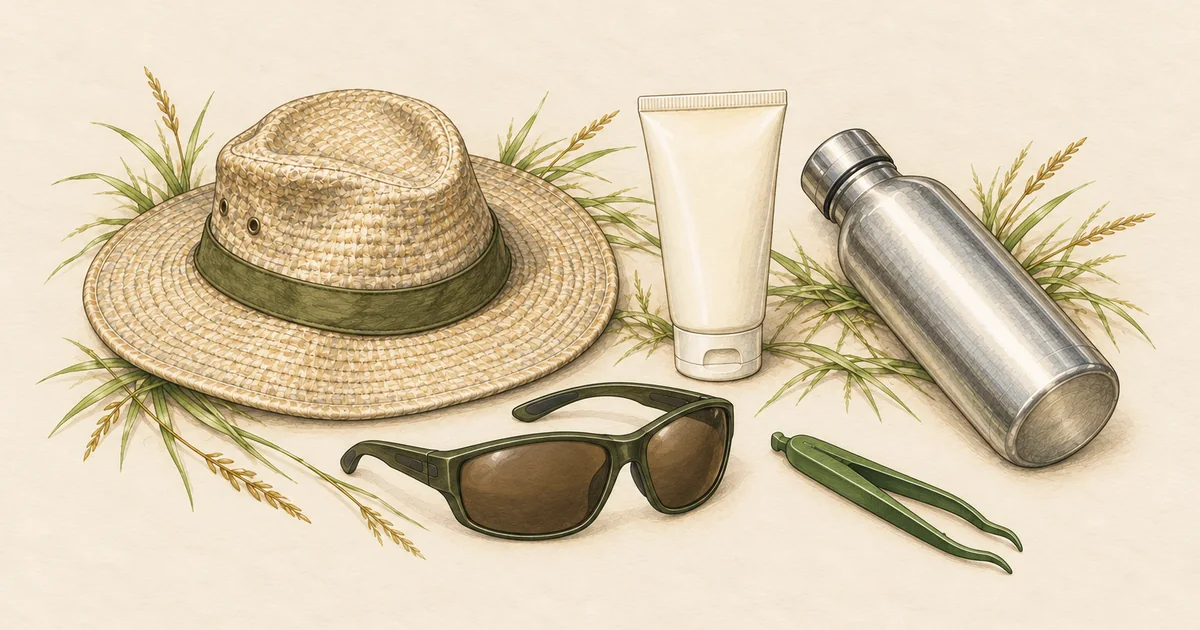 Sonnenhut, Sonnencreme, Trinkflasche, Polbrille und Zeckenzange im Ufergras