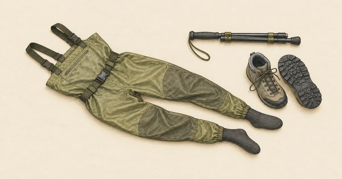 Wathose mit Watgürtel, Watstock und Watschuhe