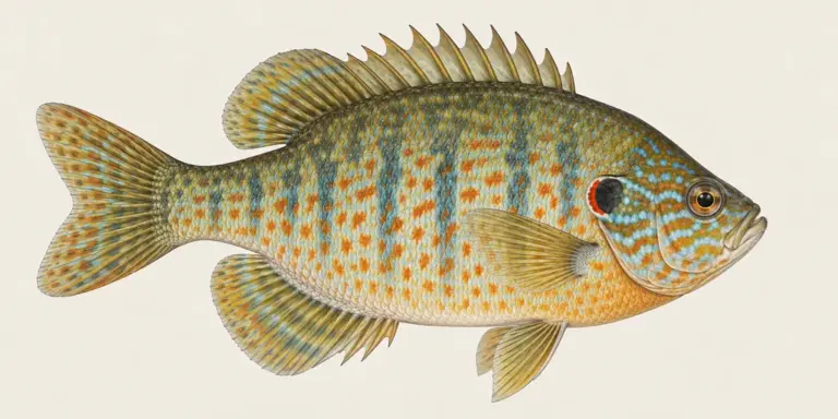 Naturkundetafel: Sonnenbarsch (Lepomis gibbosus) in Seitenansicht