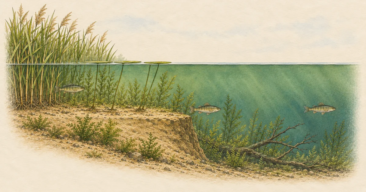 Querschnitt durch ein Seeufer mit Schilf, Seerosen, Kante und Fischen in verschiedenen Tiefen