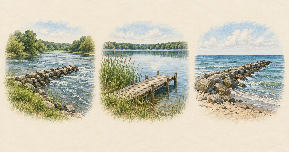 Drei Landschaften: Fluss mit Buhne, See mit Steg und Küste mit Mole