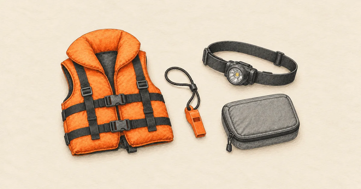 Rettungsweste, Signalpfeife, Stirnlampe und Verbandtasche