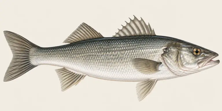Naturkundetafel: Wolfsbarsch (Dicentrarchus labrax) in Seitenansicht